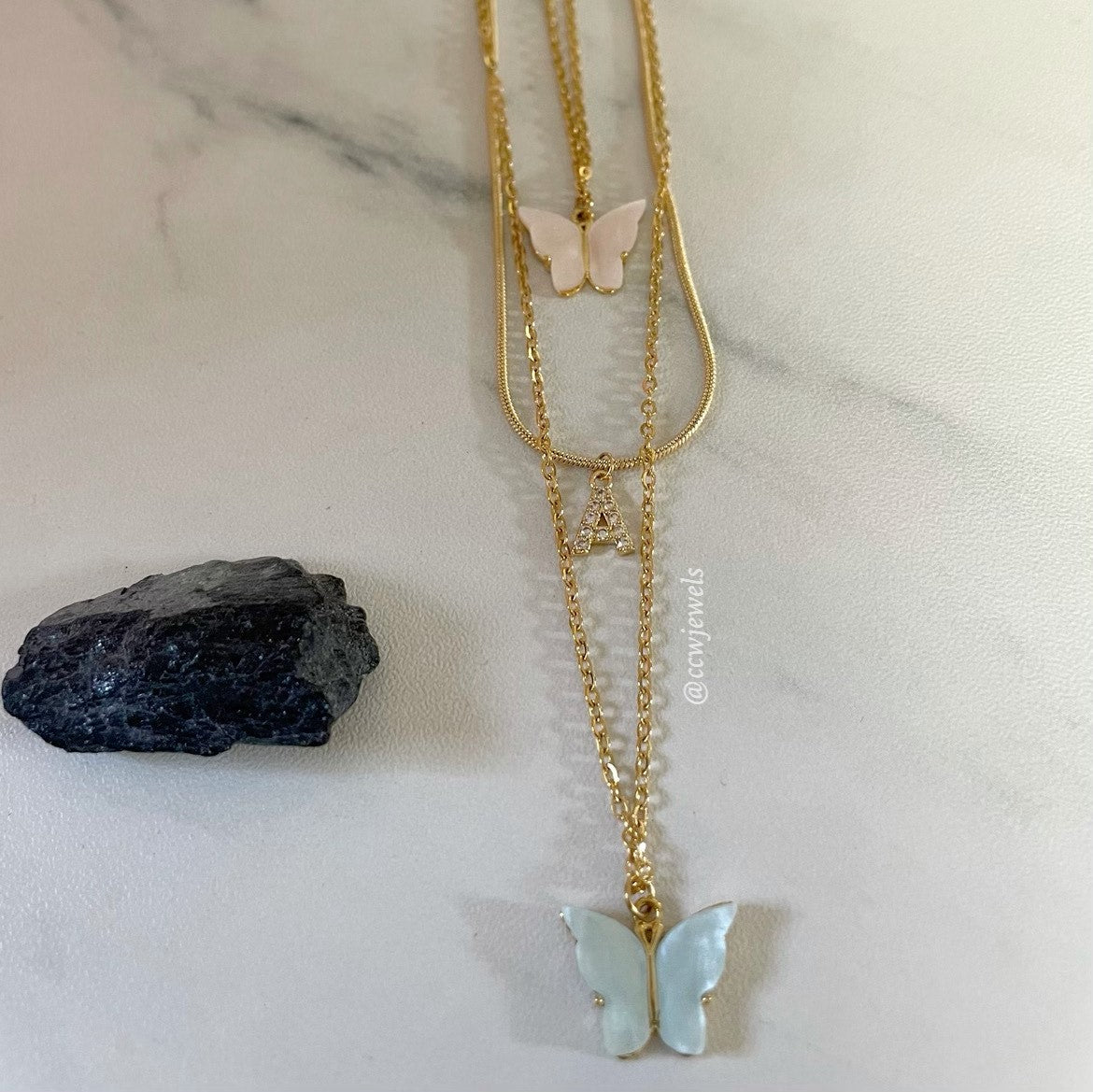 Bohemian Butterfly Stainless Steel Aquamarine & Gold Necklace