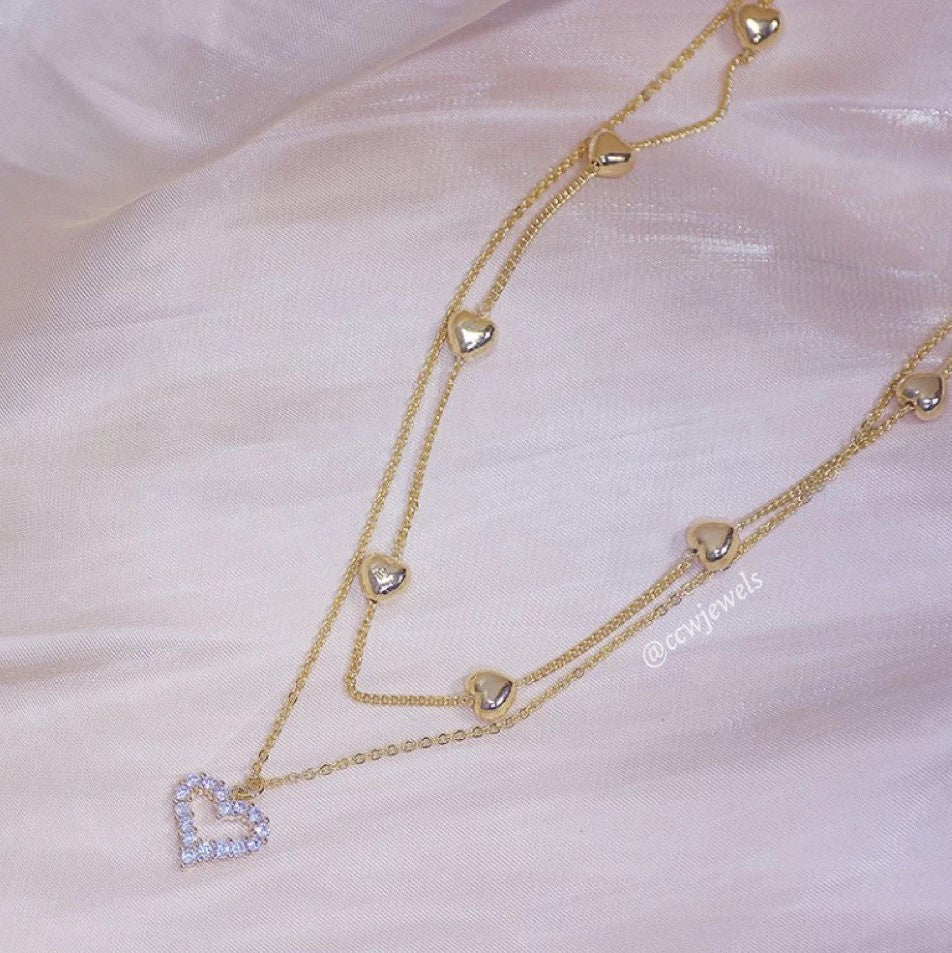 Double Heart Cubic Zirconia 14K Necklace