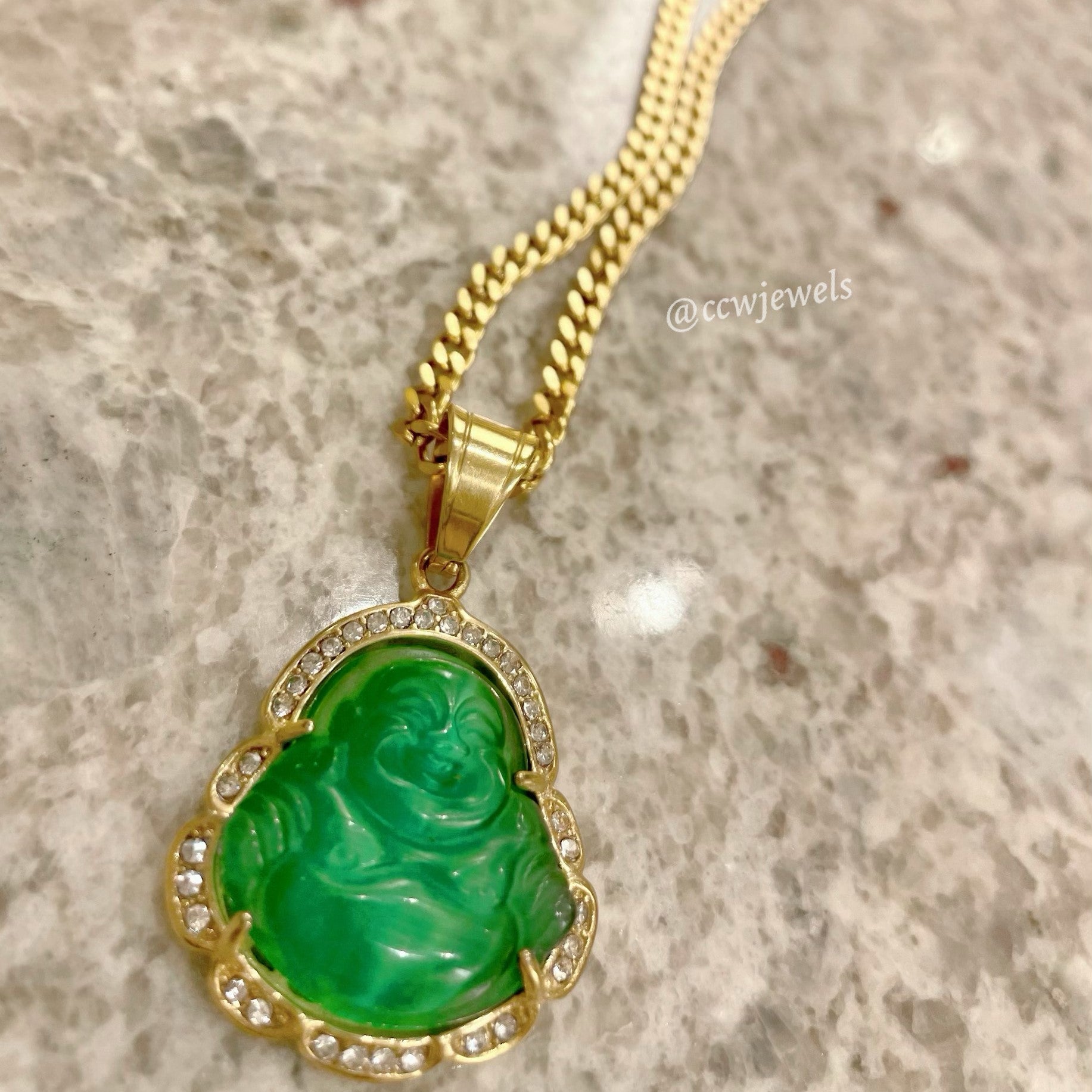 Genuine Green Jade Buddha Pendant Necklace in 18k Gold-plated Sterling  Silver 18