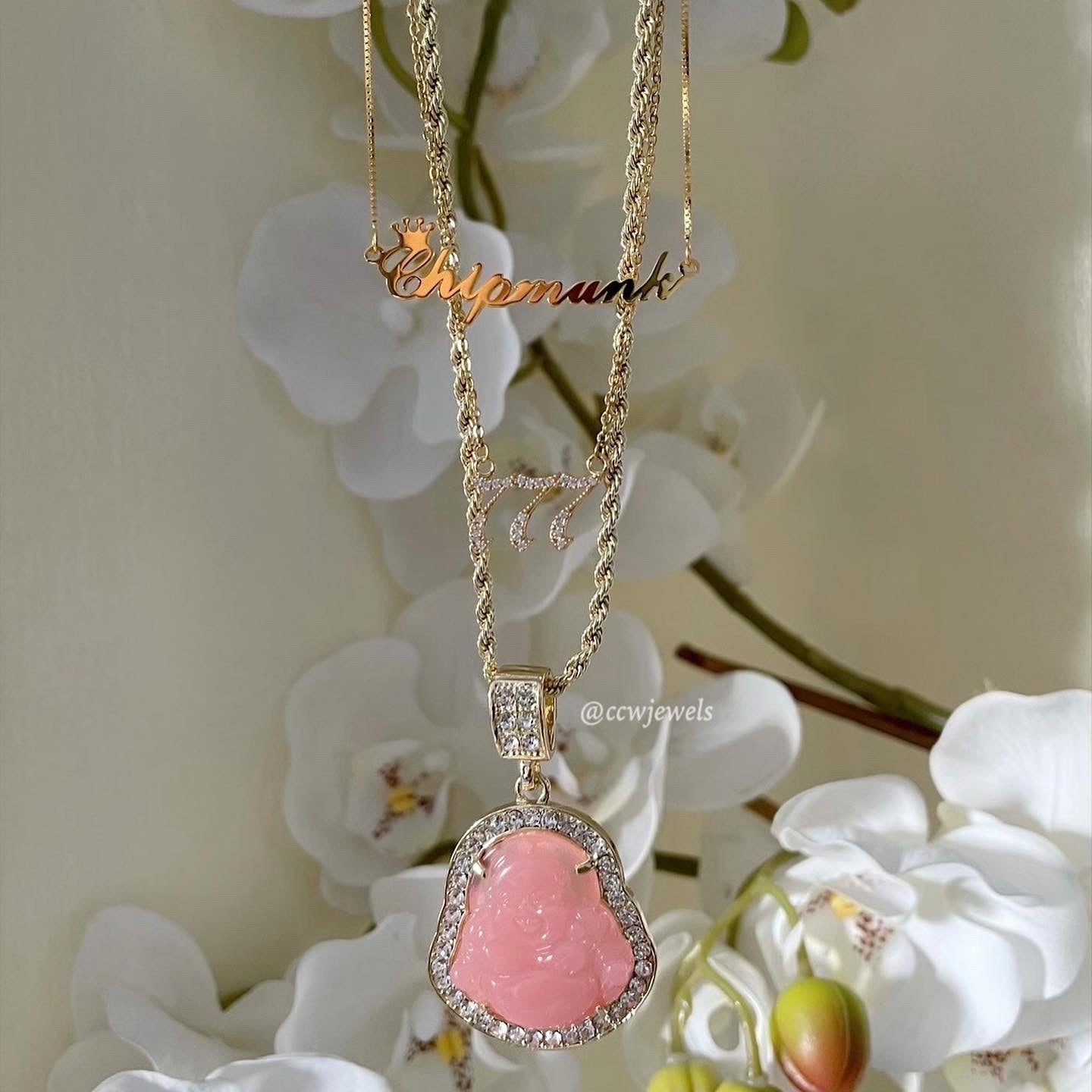 Pink Crystal 18K Gold Buddha Necklace