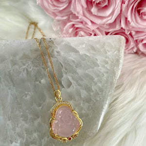 Cubic Zirconia Crowned Pink & Gold Buddha Necklace